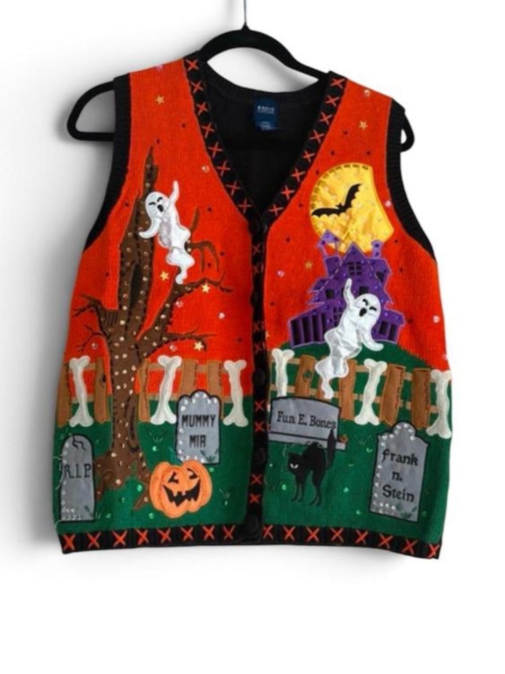 Vintage Basic Editions Halloween Sweater Vest ghosts pumpkins bones tombstones L